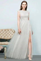 Sleeveless Long Split A-line Appliqued Tulle Prom Dresses by misshow.com