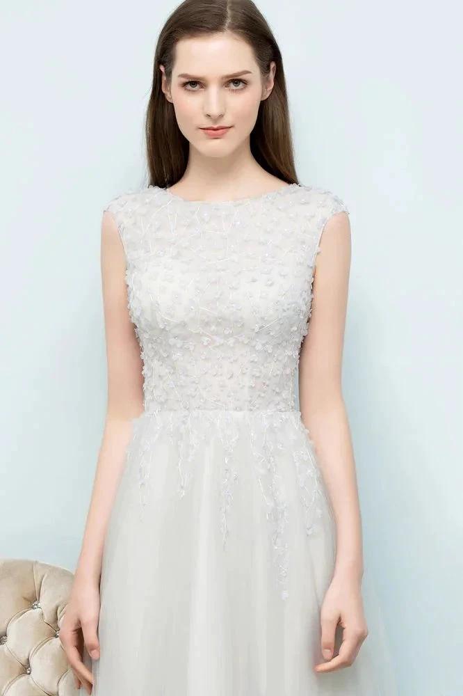 Sleeveless Long Split A-line Appliqued Tulle Prom Dresses by misshow.com