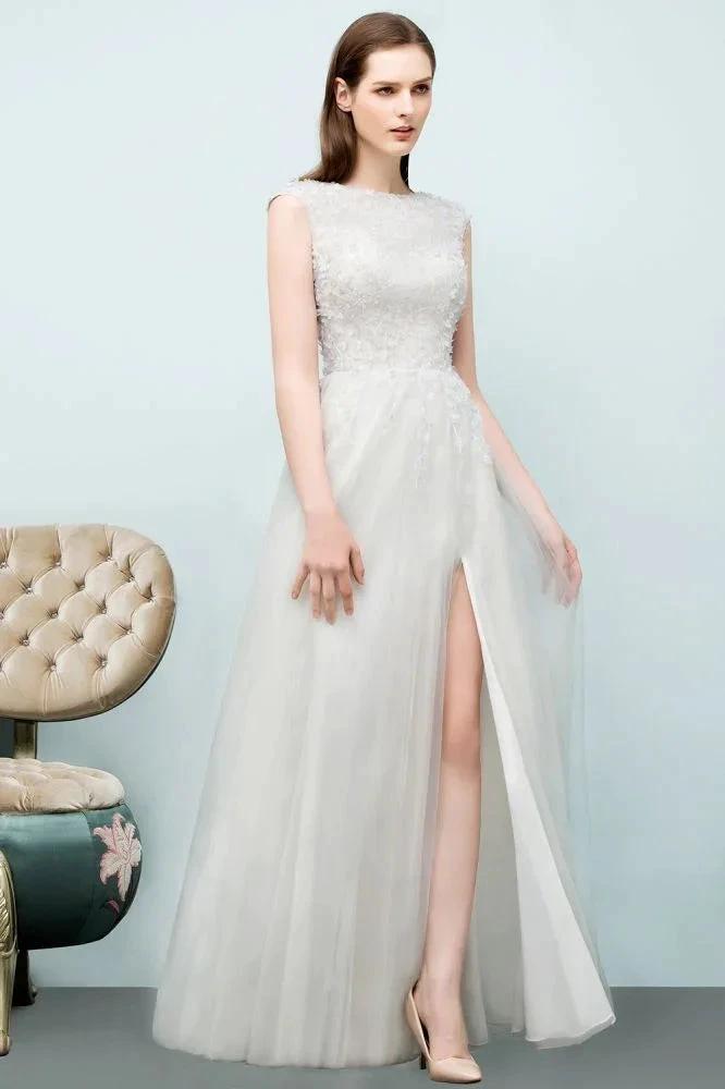 Sleeveless Long Split A-line Appliqued Tulle Prom Dresses by misshow.com