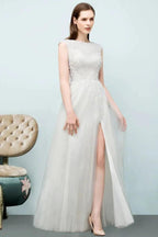 Sleeveless Long Split A-line Appliqued Tulle Prom Dresses by misshow.com
