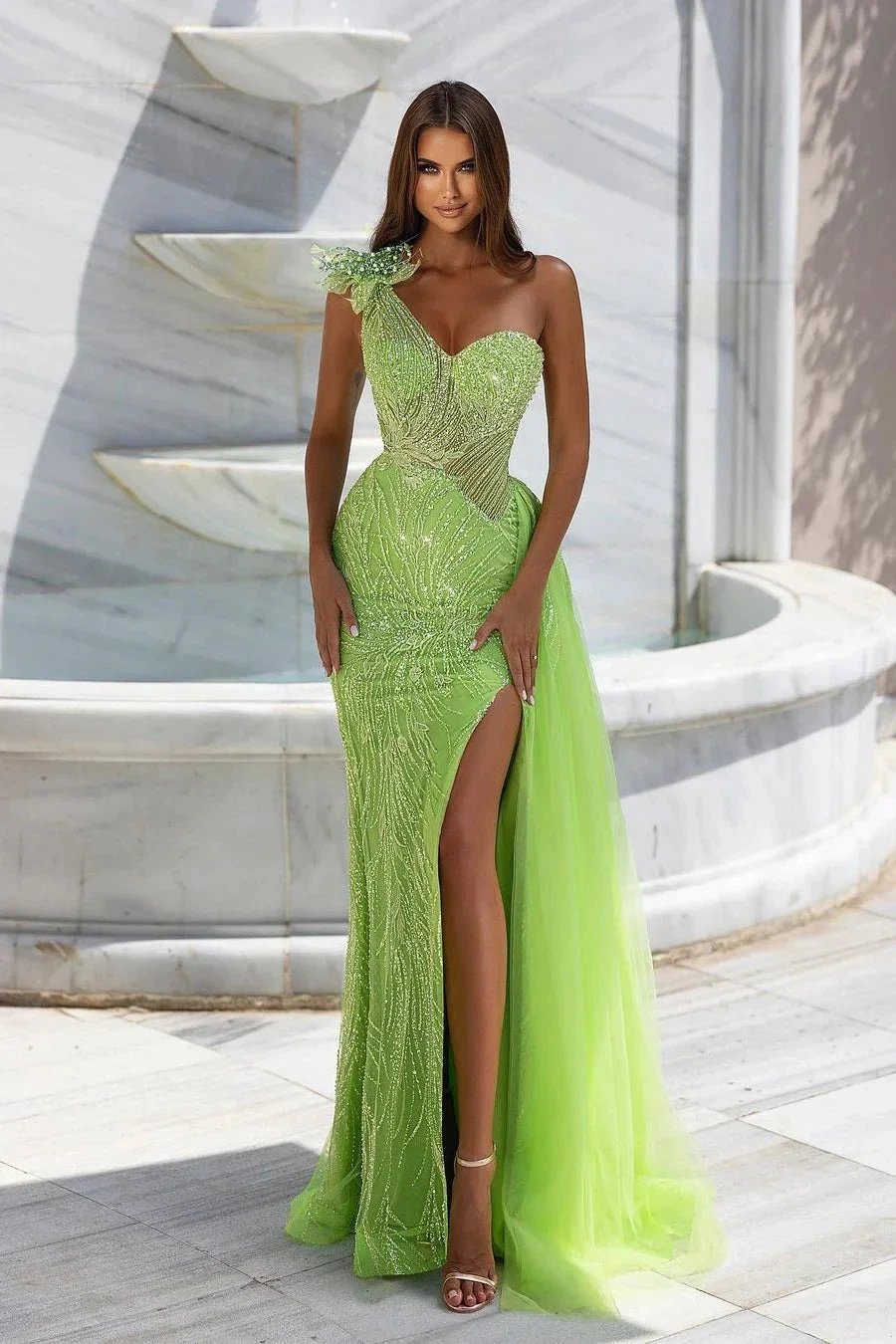 Sleeveless One Shoulder Sweetheart Lace Prom Dress With Beading by misshow.com