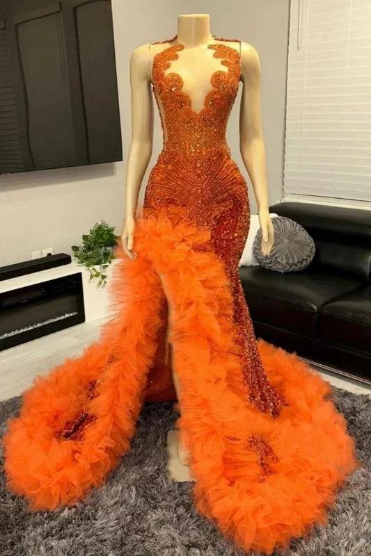 Sleeveless Orange Glitter Rinestones Mermaid Prom Dress Crew Neck Long Party Dress with Side Split by misshow.com