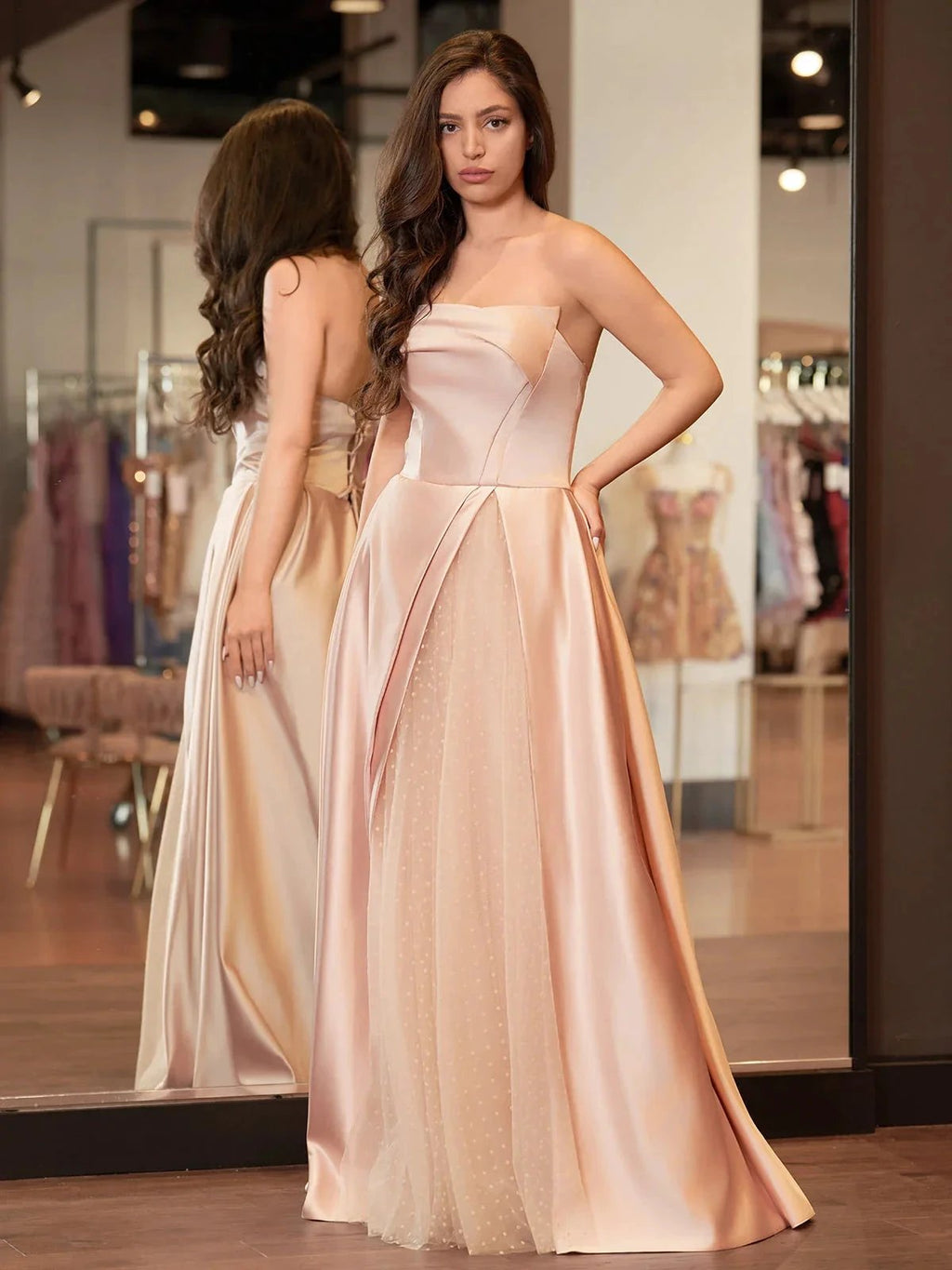 Sleeveless Satin A-Line Floor-Length Evening Gown Slit with Tulle Strapless Prom Dress by KissProm