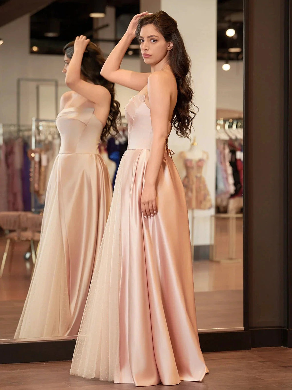 Sleeveless Satin A-Line Floor-Length Evening Gown Slit with Tulle Strapless Prom Dress by KissProm