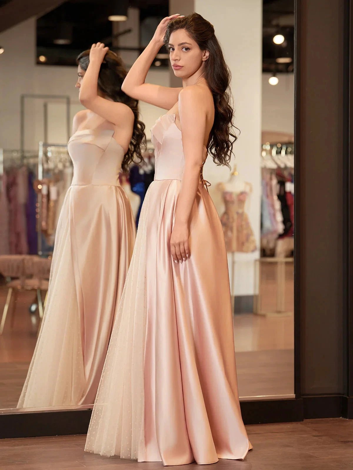 Sleeveless Satin A-Line Floor-Length Evening Gown Slit with Tulle Strapless Prom Dress by KissProm