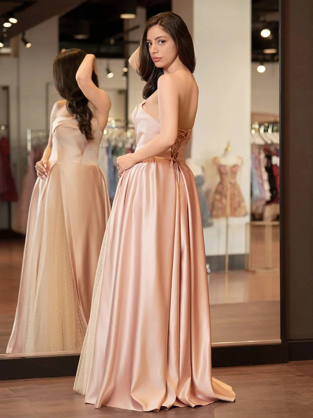 Sleeveless Satin A-Line Floor-Length Evening Gown Slit with Tulle Strapless Prom Dress by KissProm