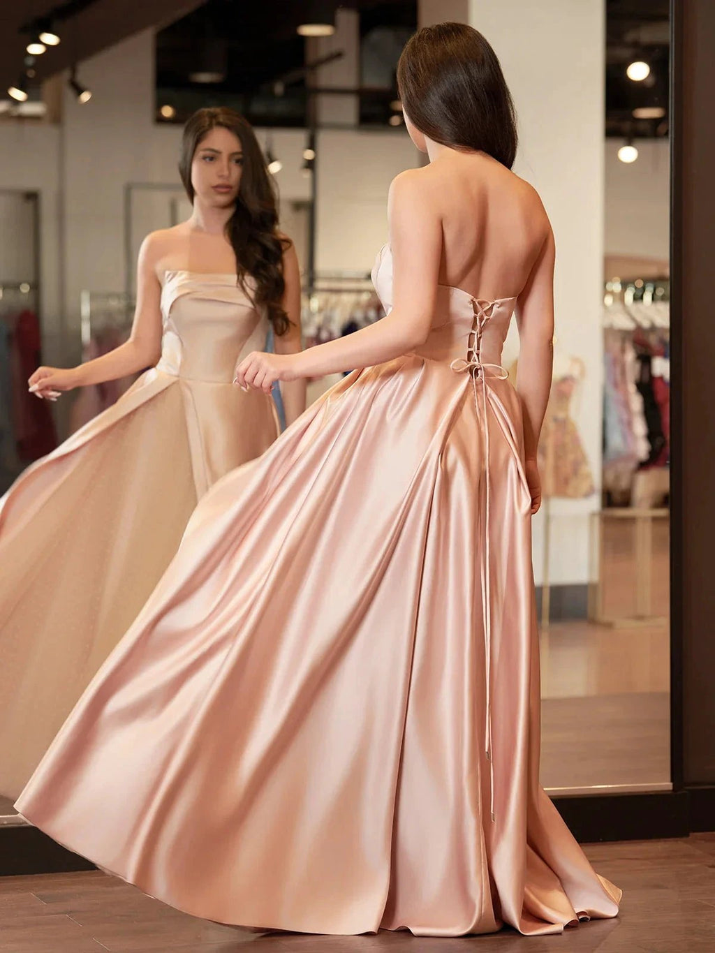 Sleeveless Satin A-Line Floor-Length Evening Gown Slit with Tulle Strapless Prom Dress by KissProm