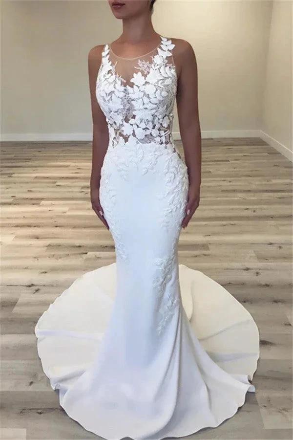Sleeveless Sheer Tulle Wedding Dress Mermaid Beautiful Dresses for Weddings by misshow.com