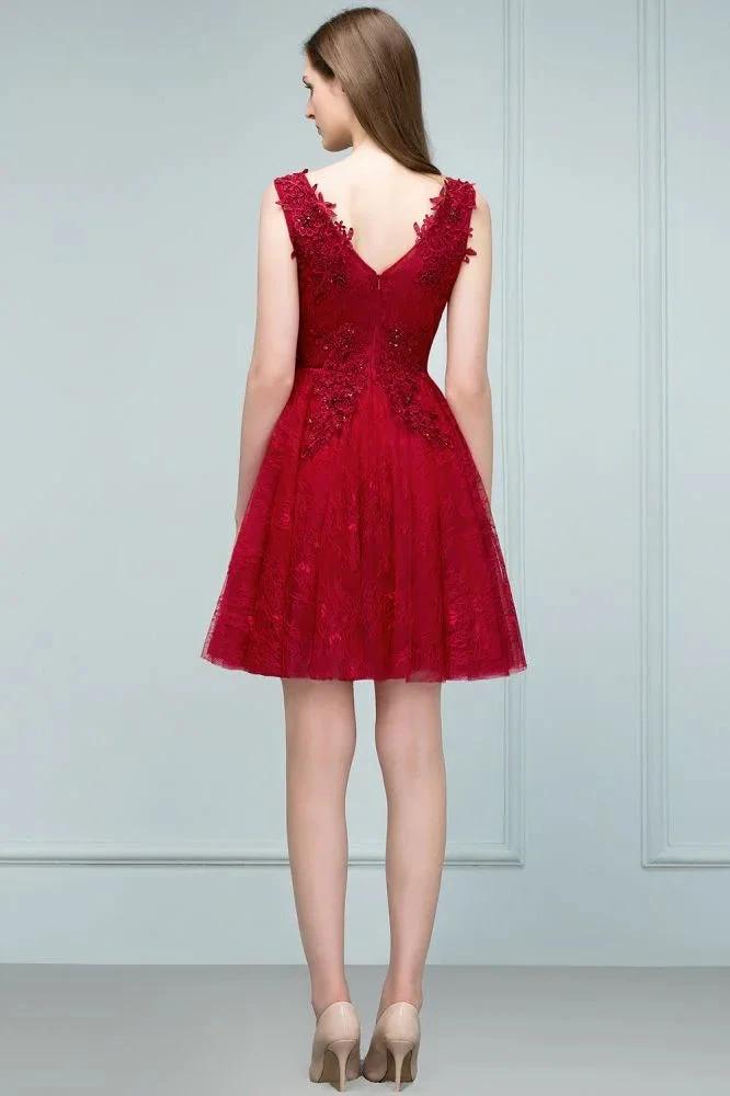 Sleeveless Short A-line V-neck Lace Appliqued Tulle Prom Dresses by misshow.com
