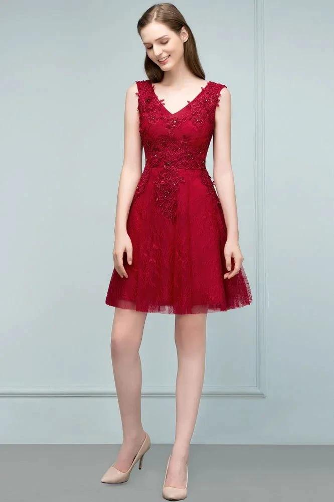 Sleeveless Short A-line V-neck Lace Appliqued Tulle Prom Dresses by misshow.com
