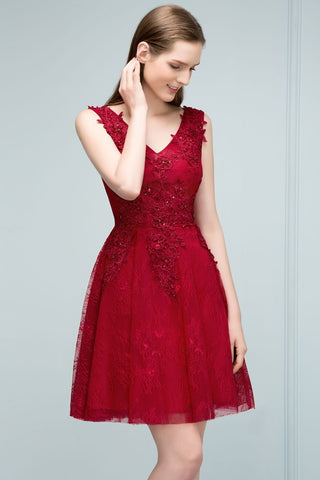 Sleeveless Short A-line V-neck Lace Appliqued Tulle Prom Dresses