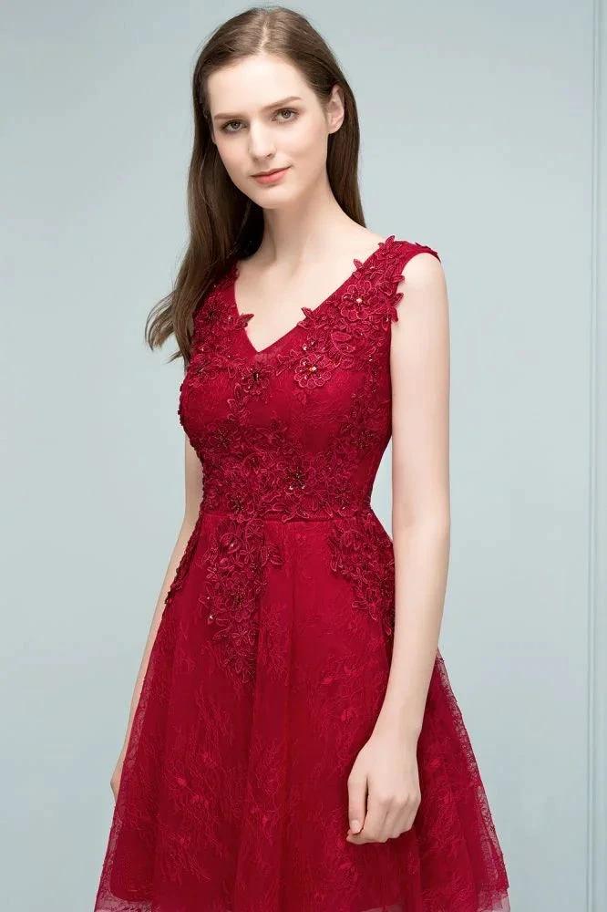 Sleeveless Short A-line V-neck Lace Appliqued Tulle Prom Dresses by misshow.com