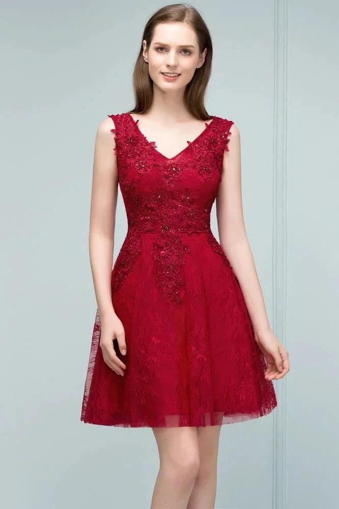 Sleeveless Short A-line V-neck Lace Appliqued Tulle Prom Dresses by misshow.com
