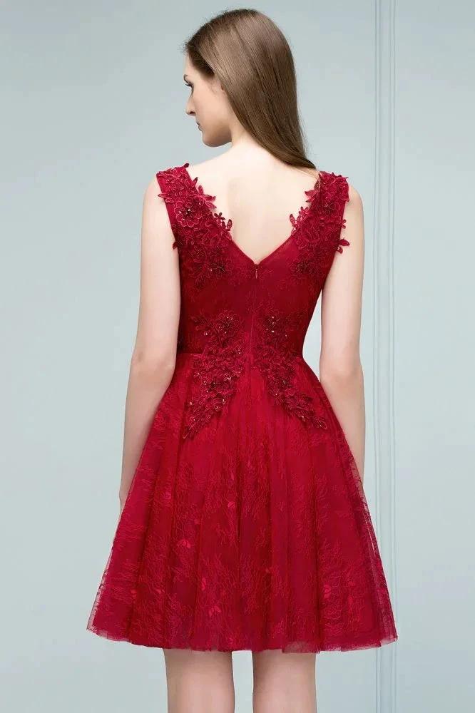 Sleeveless Short A-line V-neck Lace Appliqued Tulle Prom Dresses by misshow.com