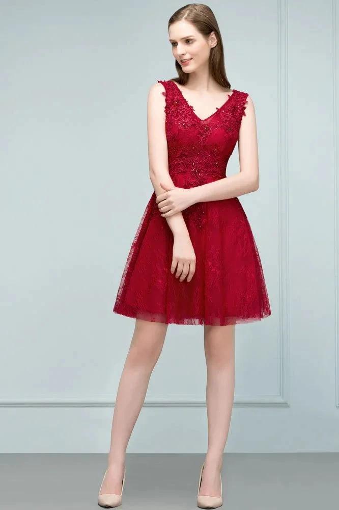 Sleeveless Short A-line V-neck Lace Appliqued Tulle Prom Dresses by misshow.com
