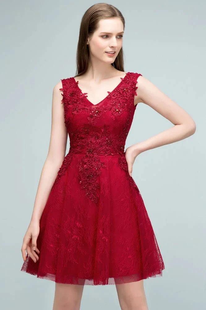 Sleeveless Short A-line V-neck Lace Appliqued Tulle Prom Dresses by misshow.com