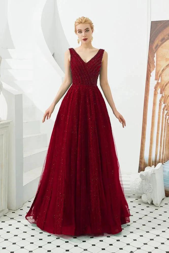 Sleeveless V-Neck aline Evening Swing Dress Backless Party Dress by misshow.com