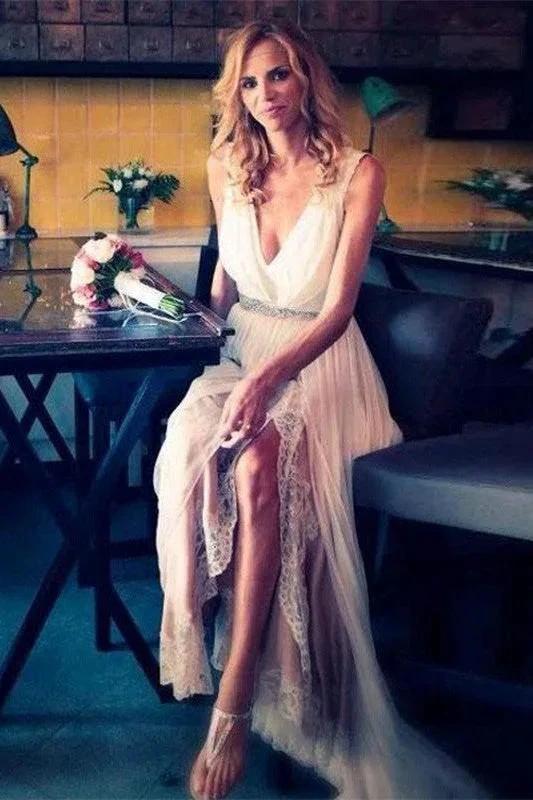 Sleeveless V-Neck Sweep Train Chiffon Beading Wedding Dress by misshow.com