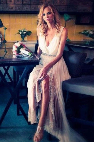 Sleeveless V-Neck Sweep Train Chiffon Beading Wedding Dress