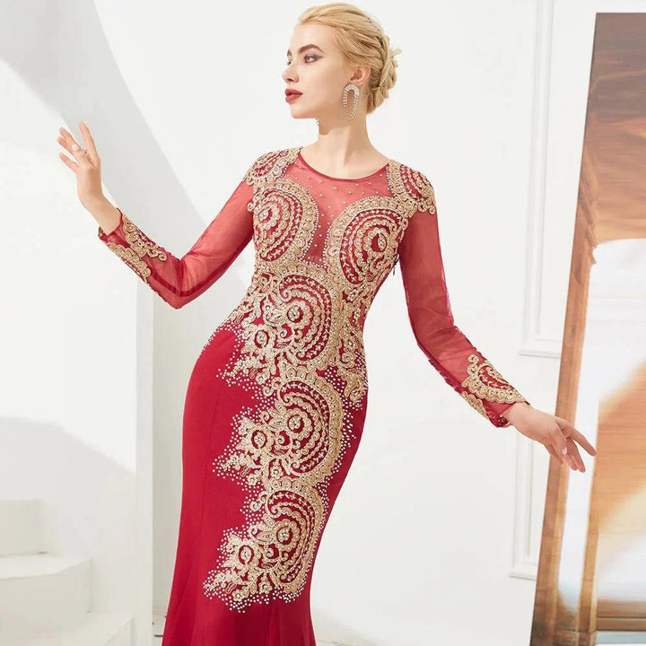 Slim Long Sleeves Gold Appliques Mermaid Evening Gowns Floor Length Event Party Dress by misshow.com
