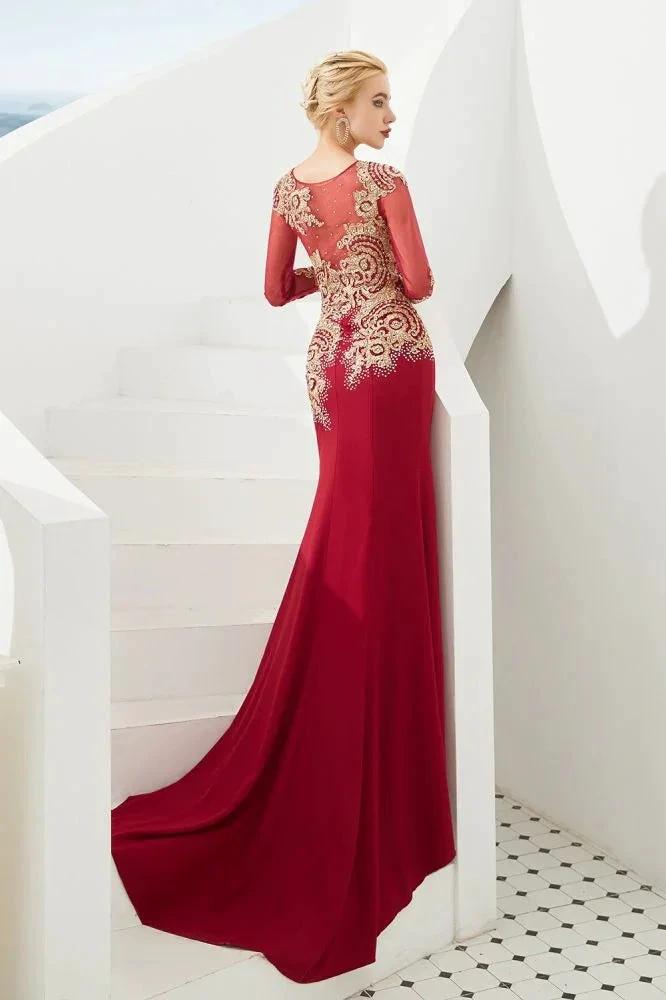 Slim Long Sleeves Gold Appliques Mermaid Evening Gowns Floor Length Event Party Dress by misshow.com