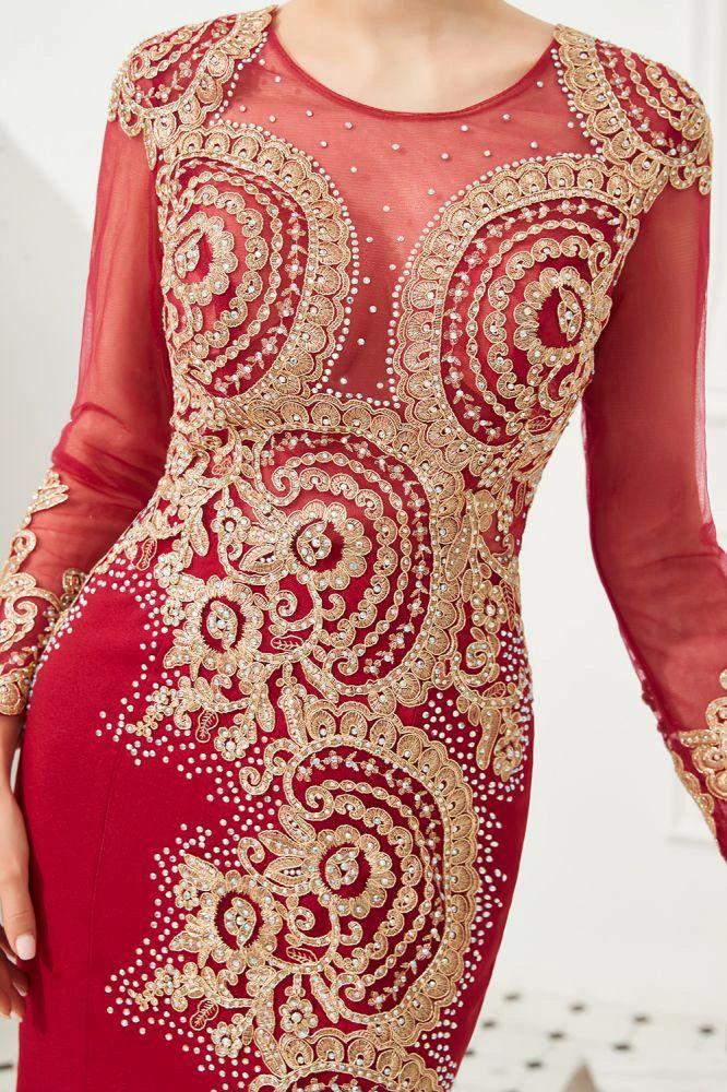 Slim Long Sleeves Gold Appliques Mermaid Evening Gowns Floor Length Event Party Dress by misshow.com