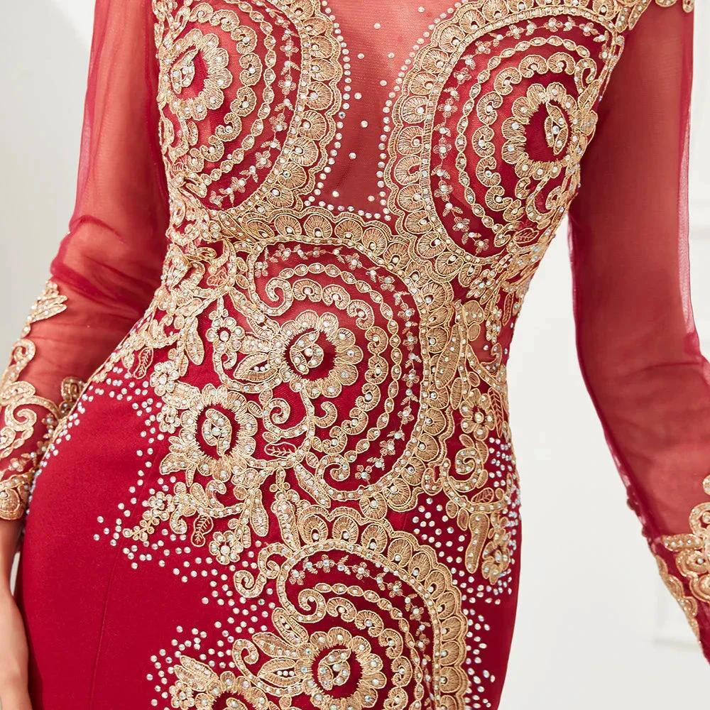 Slim Long Sleeves Gold Appliques Mermaid Evening Gowns Floor Length Event Party Dress by misshow.com