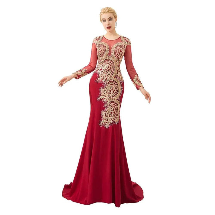 Slim Long Sleeves Gold Appliques Mermaid Evening Gowns Floor Length Event Party Dress by misshow.com
