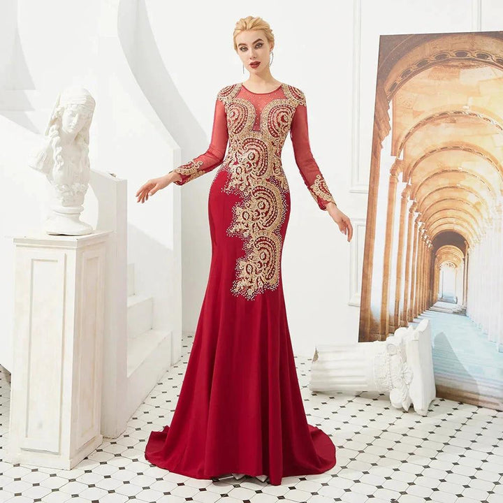 Slim Long Sleeves Gold Appliques Mermaid Evening Gowns Floor Length Event Party Dress by misshow.com