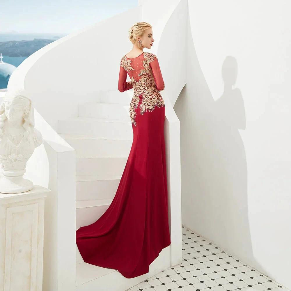 Slim Long Sleeves Gold Appliques Mermaid Evening Gowns Floor Length Event Party Dress by misshow.com