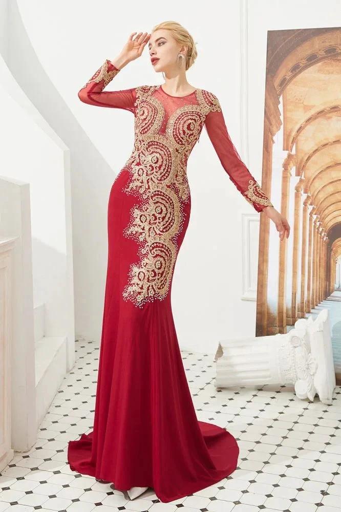 Slim Long Sleeves Gold Appliques Mermaid Evening Gowns Floor Length Event Party Dress by misshow.com
