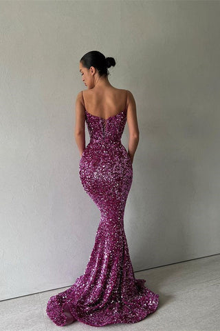 Vestido de fiesta de sirena con lentejuelas finas y espaguetis encantadores