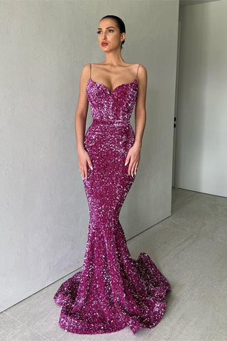 Vestido de fiesta de sirena con lentejuelas finas y espaguetis encantadores