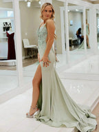 Solstice | Charming Mermaid V Neck Sage Green Slit Prom Dresses with Appliques by KissProm
