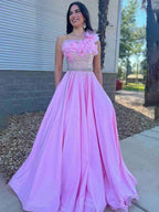 Sophronia | Candy Pink Beaded One Shoulder Long Prom Dress With Flowers by KissProm