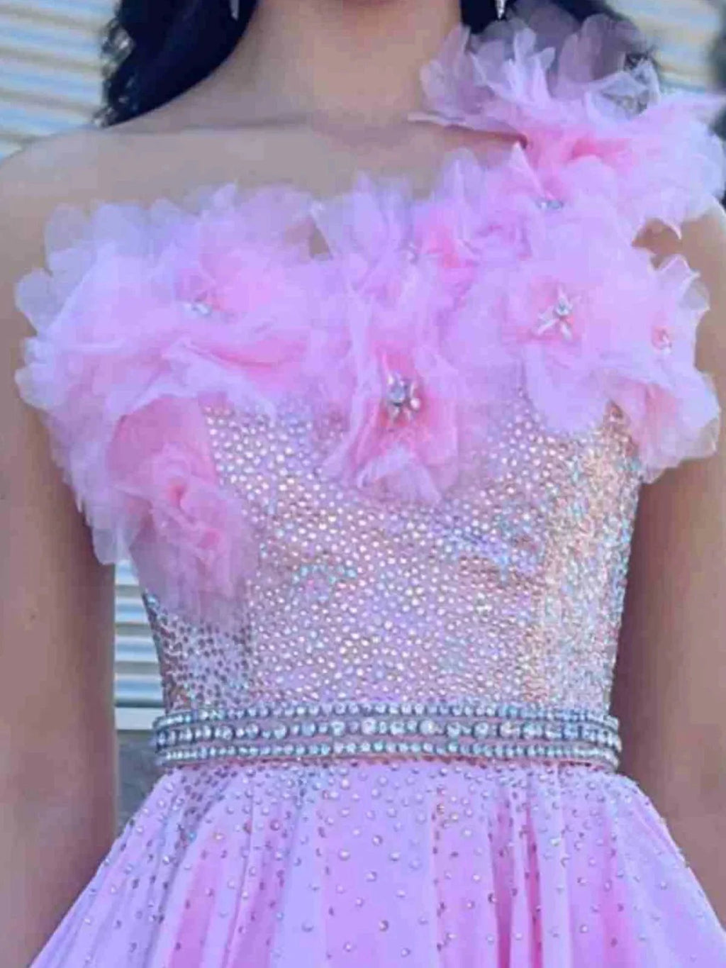 Sophronia | Candy Pink Beaded One Shoulder Long Prom Dress With Flowers by KissProm