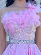 Sophronia | Candy Pink Beaded One Shoulder Long Prom Dress With Flowers by KissProm