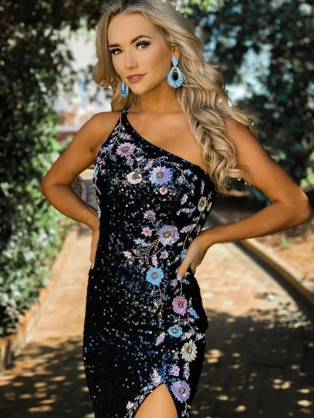 Soren | Mermaid One Shoulder Black Sequins Long Prom Dresses with Sequins Flowers by KissProm