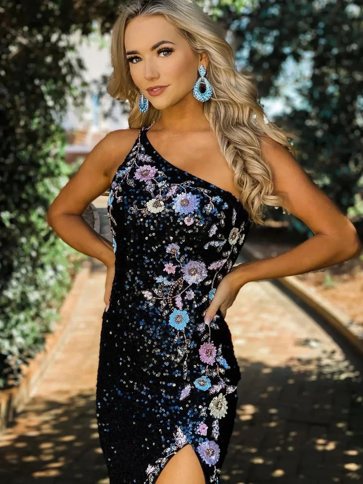 Soren | Mermaid One Shoulder Black Sequins Long Prom Dresses with Sequins Flowers by KissProm