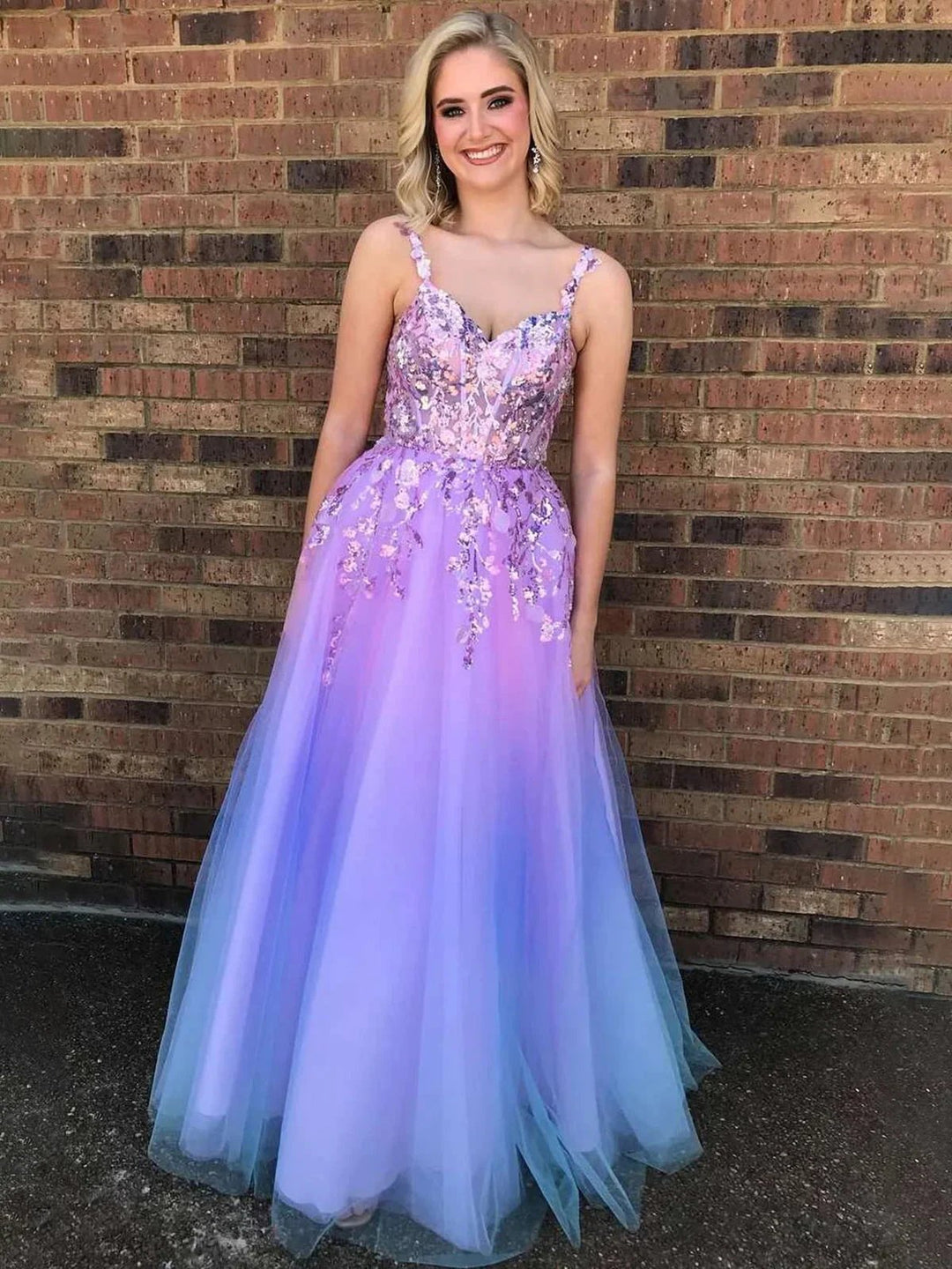 Sorrel | A-Line Straps Appliques Empire-Waist Sleeveless Tulle Prom Dress by KissProm