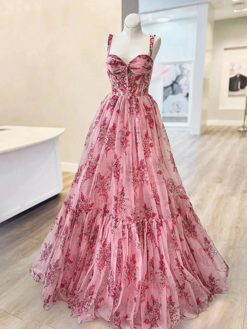 Sosi | Pink Sweetheart A Line Floral Printed Chiffon Long Prom Dress With Bow by KissProm