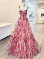 Sosi | Pink Sweetheart A Line Floral Printed Chiffon Long Prom Dress With Bow by KissProm