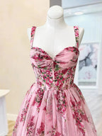 Sosi | Pink Sweetheart A Line Floral Printed Chiffon Long Prom Dress With Bow by KissProm