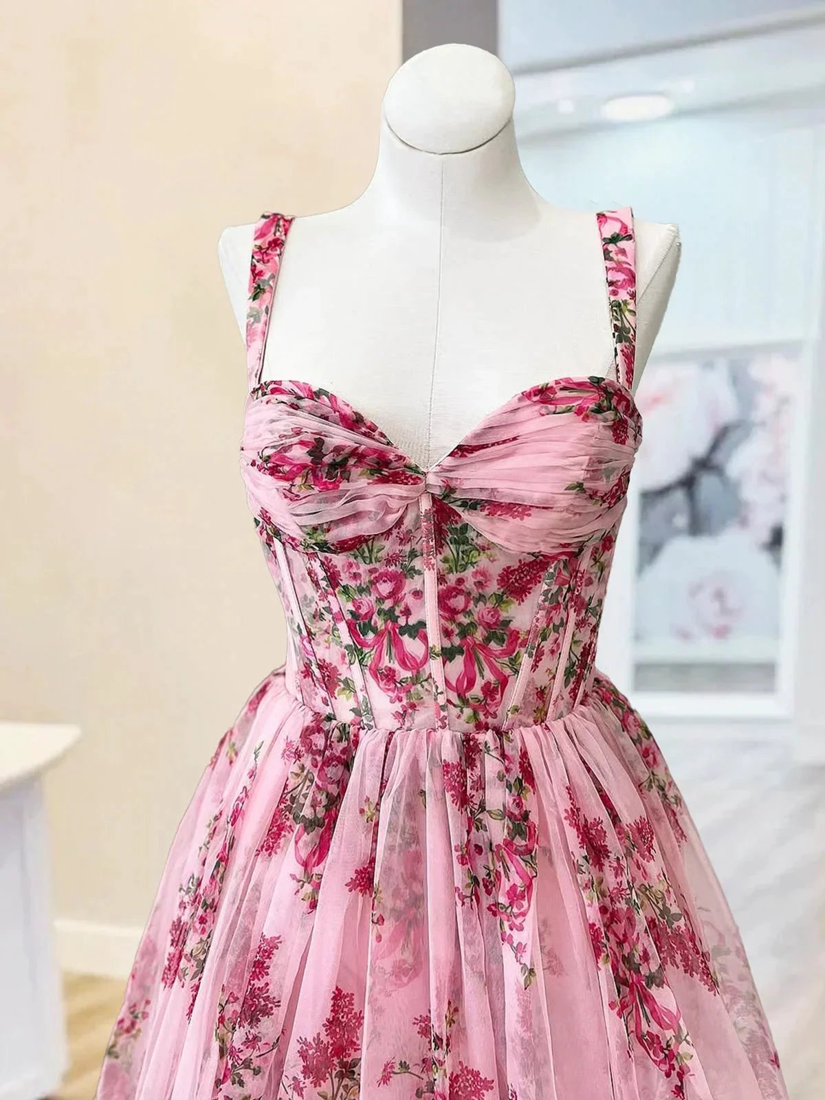 Sosi | Pink Sweetheart A Line Floral Printed Chiffon Long Prom Dress With Bow by KissProm