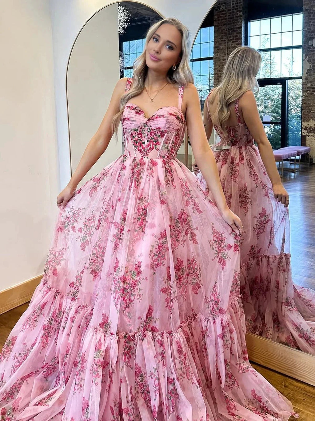 Sosi | Pink Sweetheart A Line Floral Printed Chiffon Long Prom Dress With Bow by KissProm