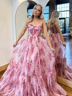 Sosi | Pink Sweetheart A Line Floral Printed Chiffon Long Prom Dress With Bow by KissProm