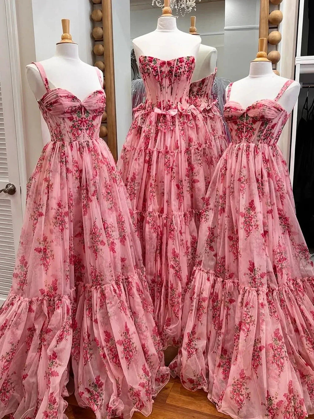 Sosi | Pink Sweetheart A Line Floral Printed Chiffon Long Prom Dress With Bow by KissProm