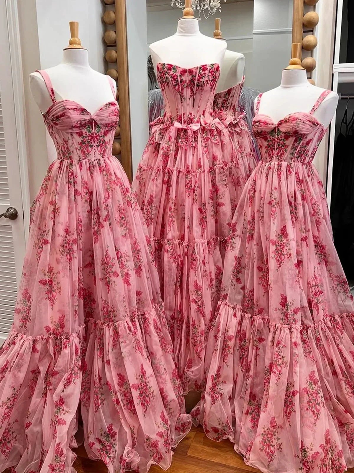Sosi | Pink Sweetheart A Line Floral Printed Chiffon Long Prom Dress With Bow by KissProm