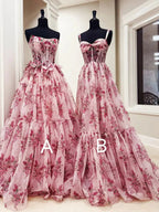 Sosi | Pink Sweetheart A Line Floral Printed Chiffon Long Prom Dress With Bow by KissProm