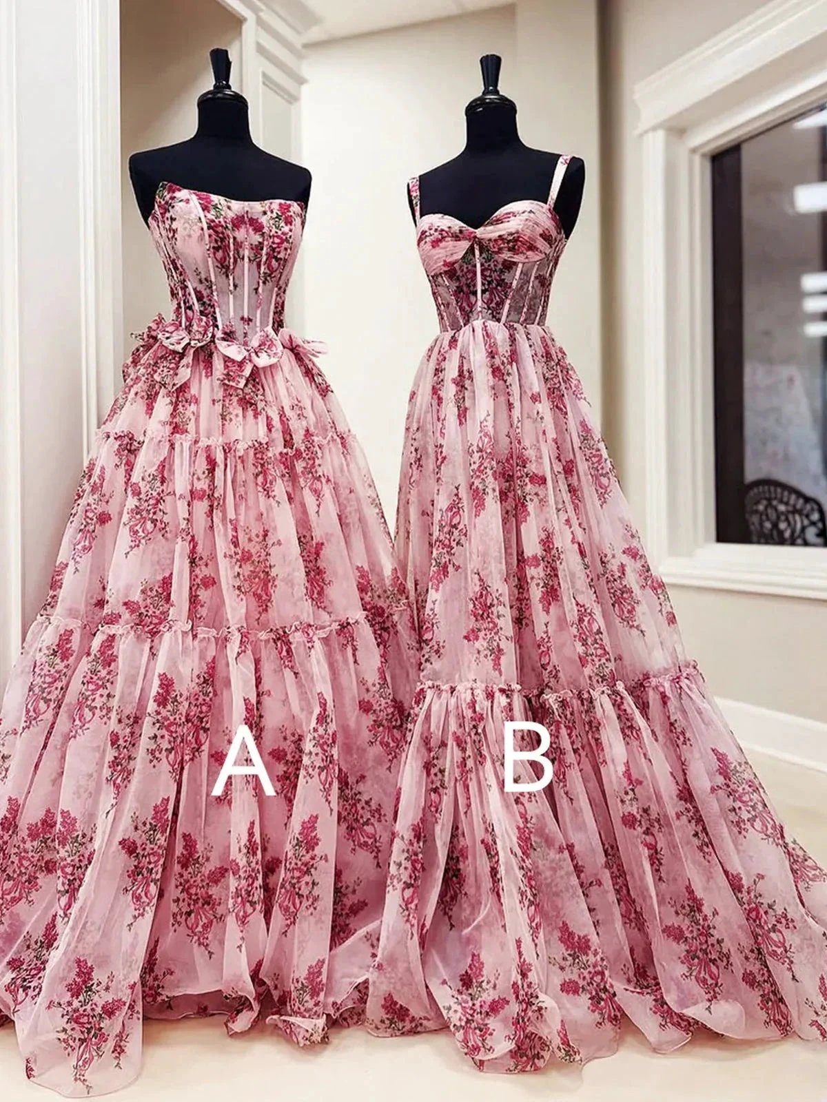 Sosi | Pink Sweetheart A Line Floral Printed Chiffon Long Prom Dress With Bow by KissProm